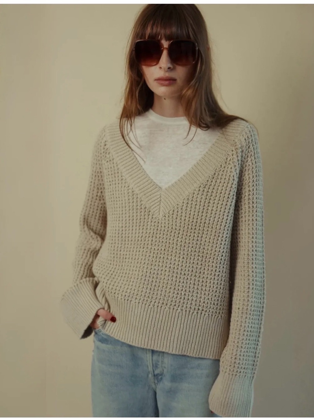 Open Knit V Neck Sweater